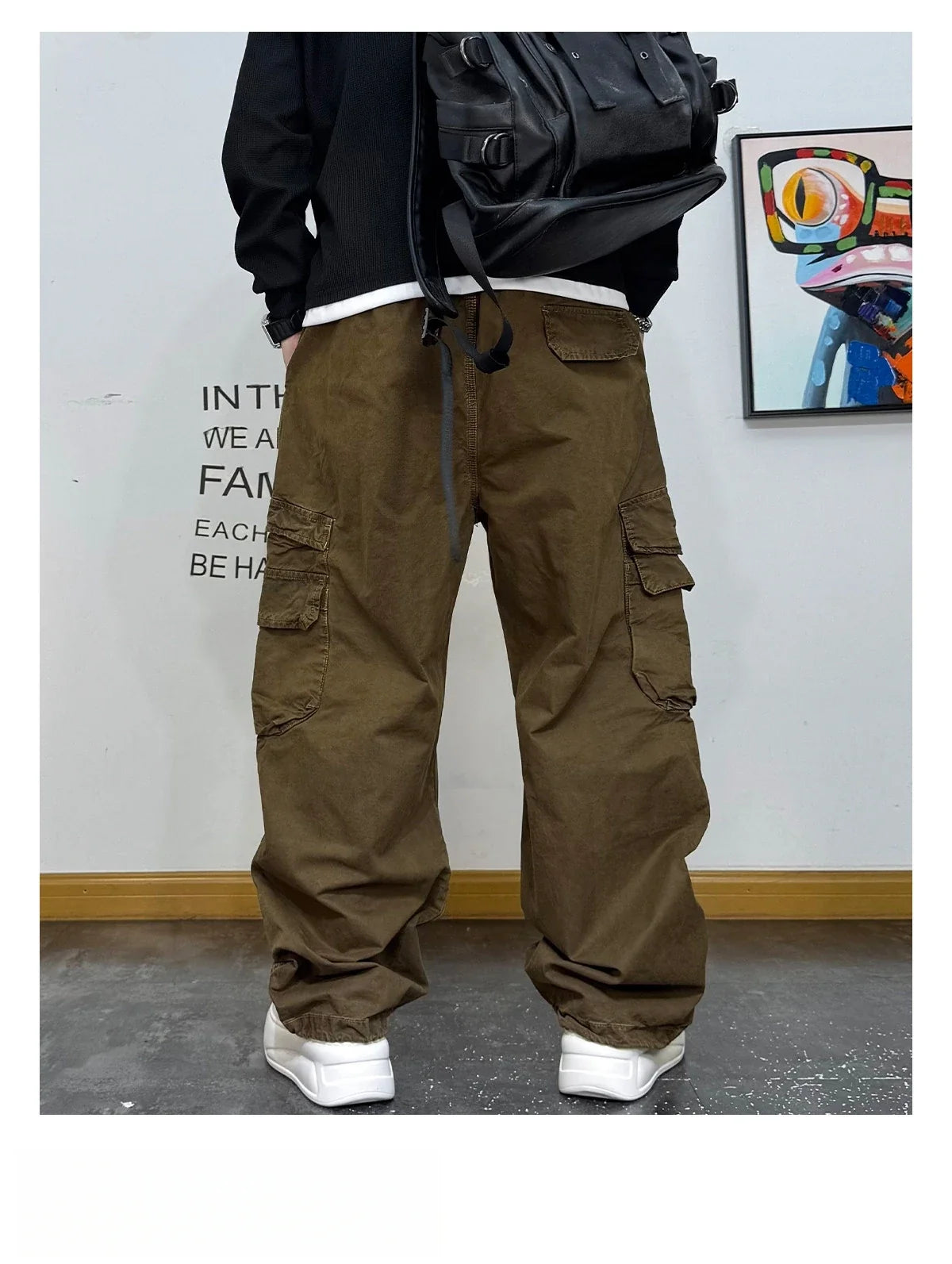 American Premium Cargo Pants Mens Pleated Baggy Multi Pocket Streetwear Oversized Straight Leg Casual Spring Fall Trendy Male