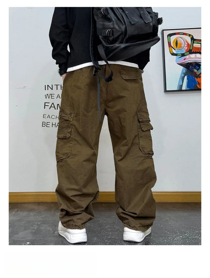 American Premium Cargo Pants Mens Pleated Baggy Multi Pocket Streetwear Oversized Straight Leg Casual Spring Fall Trendy Male