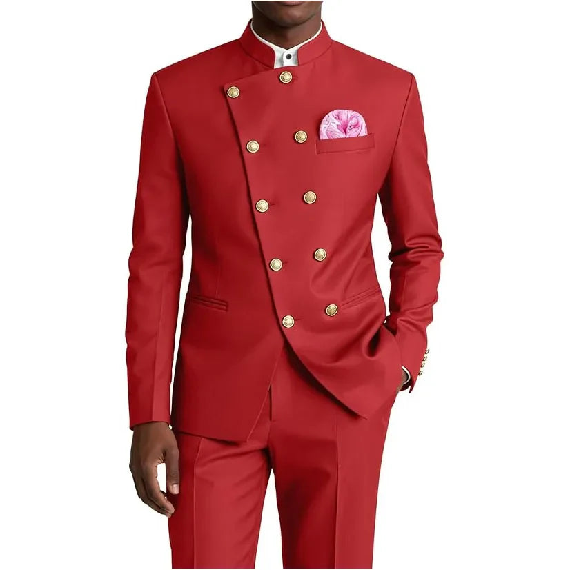 Men's Chinese Style Suit 2 Piece Brown Mandarin Collar Double Breasted With Gold Buttons Formal Jacket Pants For Business Weddin