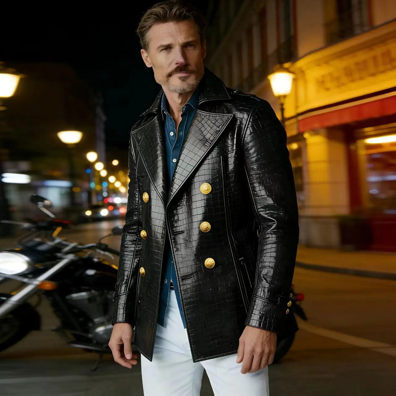 Men's Crocodile Embossed Leather Peacoat Double Breasted Gold Button Jacket Luxury Casual Overcoat