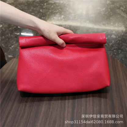 Simple Black Dull Handbag Rolled Edges Large Capacity Soft Texture Women's Casual Clutch Bag Vintage Artistic Style
