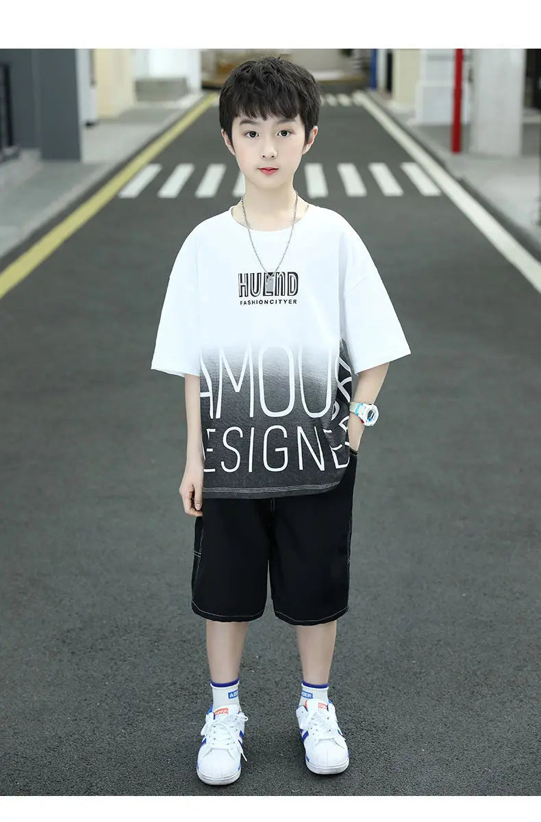 Summer Boys Cotton Contrast Alphabet t-Shirt Tops+Denim Shorts Pant School Kids Tracksuit Child 2PCS Outfit Workout Set 5-16 Yrs