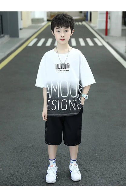 Summer Boys Cotton Contrast Alphabet t-Shirt Tops+Denim Shorts Pant School Kids Tracksuit Child 2PCS Outfit Workout Set 5-16 Yrs