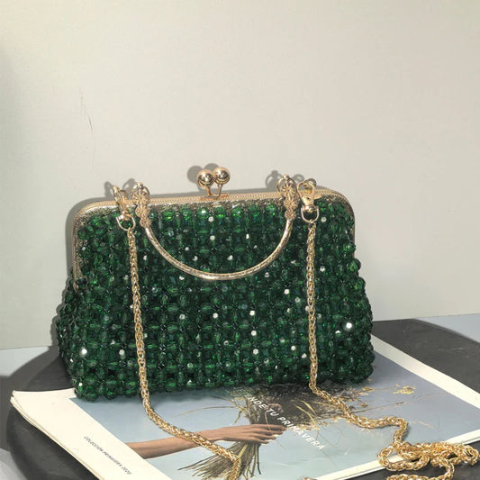 Emerald Green Handmade Beaded Clutch Bag | Vintage Gold Frame Evening Purse with Chain Strap for Party/Wedding/Cocktail