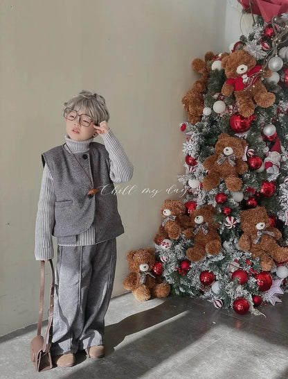 Children's Winter Thick 3pcs Set 2026 New Kids Boys & Girls Fashionable High Collar Sweater + Padding Vest + Velvet Pants 2-10Y