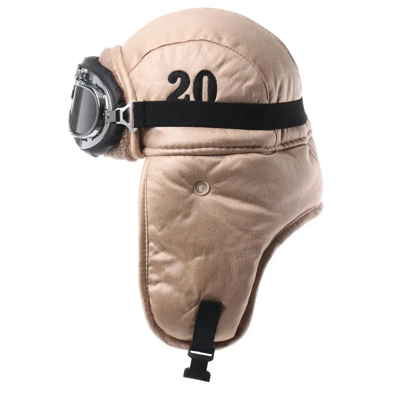 Men Winter Bomber Hat With Goggles Outdoor Motorcycle Windproof Warm Faux Fur Pilot Earflap Hat Leather Thermal Ushanka