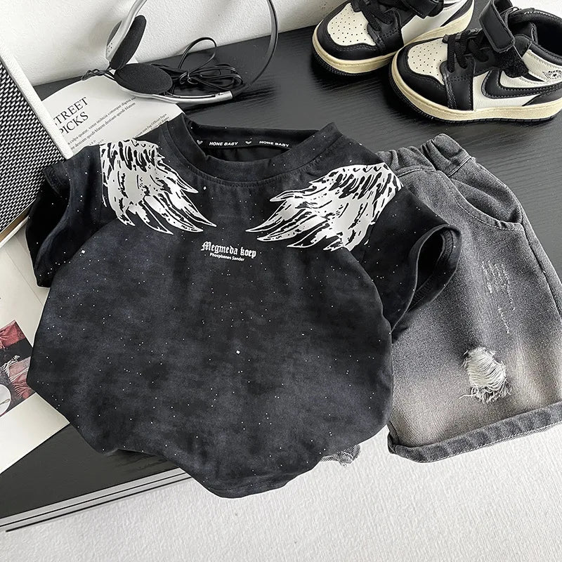 0-5Years New Baby Boy Fashion Cool Summer Clothes Suits Toddler Wings Printed T-shirt+Ripped Jeans 2pcs/sets Children Tracksuits