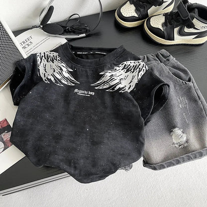 0-5Years New Baby Boy Fashion Cool Summer Clothes Suits Toddler Wings Printed T-shirt+Ripped Jeans 2pcs/sets Children Tracksuits