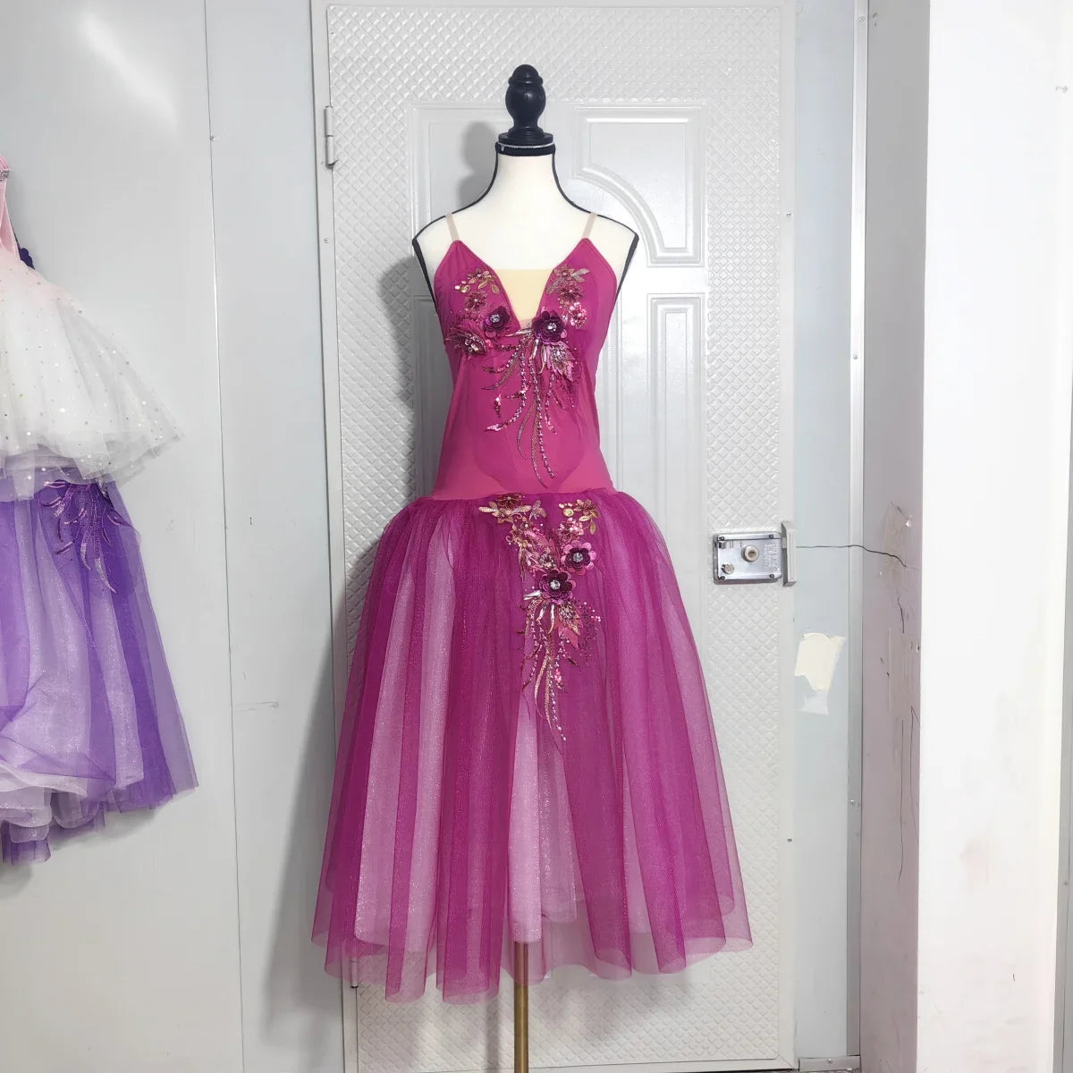 Long Ballet Tutu Skirts Blue 3d Flower Dress Performance Costumes Princess Dance Practice Romantic Dress