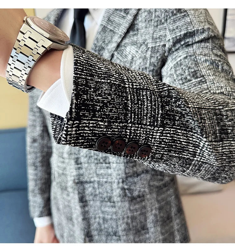 High Quality Meteor Grid Suit Jackets Men British Style Slim Fit Business Casual Fashion Blazers Formal Men Wedding Party Tuxeds