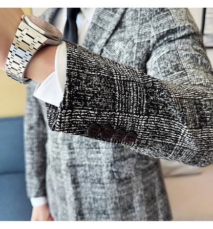 High Quality Meteor Grid Suit Jackets Men British Style Slim Fit Business Casual Fashion Blazers Formal Men Wedding Party Tuxeds
