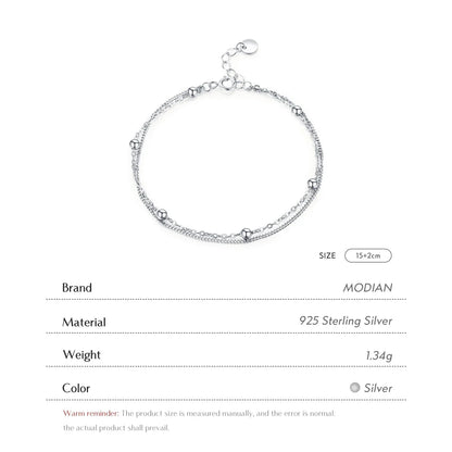 Silver Double Layer Beads Link Chain 100% 925 Sterling Silver Trendy Simple Female Bracelet For Women Wedding Jewelry
