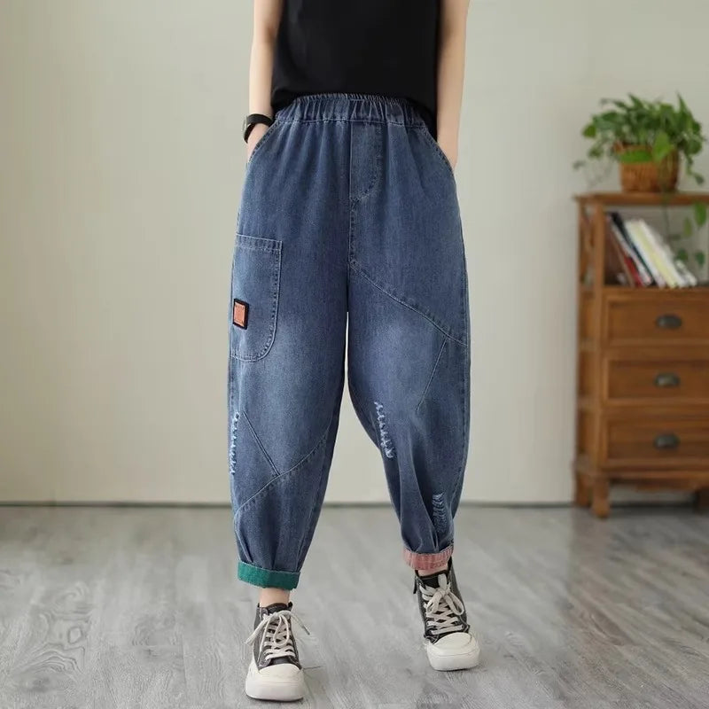Loose Harlan Jeans Women's Denim Pants Middle-Aged Mom Trendy plus Size Carrot Shape High Waist Cotton Stretch Fabric All Sea...