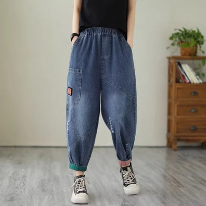 Loose Harlan Jeans Women's Denim Pants Middle-Aged Mom Trendy plus Size Carrot Shape High Waist Cotton Stretch Fabric All Sea...