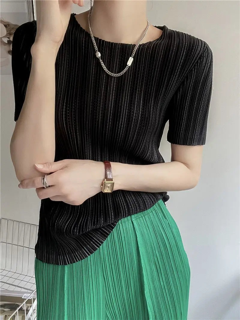 Miyake Pleated Short Sleeve Women's 2023 Summer New Thin Stretch Crew Neck All-Matching Slim Fit Pleated Hollow T-shirt Women