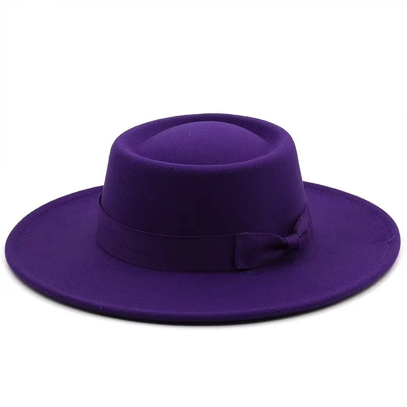 9.5cm Brim Round Top Hat Solid Color Fedoras Bow Flat Top Boater Style Panama Hats for Women Men Party Wedding Church Felt Caps