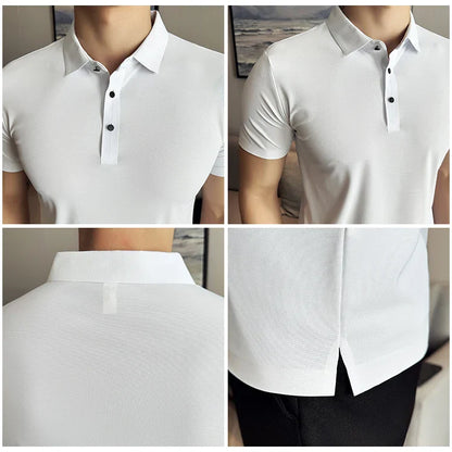 Ice Silk High Elastic Seamless T-shirt ,Summer Thin Polo Shirt, Solid Color Polo Collar Short Sleeve Brown Top, Business Leisure