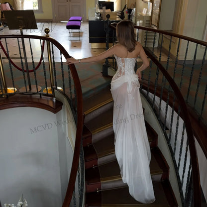 White Chiffon Mermaid Bridal Dress Halter Spaghetti Strap Bodice High Side Slit Lace Up Back Civil Engagement Party Wedding Gown