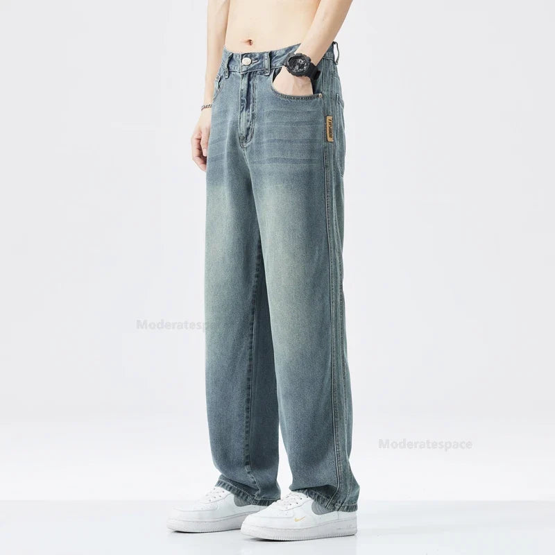Stretch Jeans Men's 2024 New Lyocell Fabric High Quality Soft Loose Wide Pants Elastic Waist Casual Denim Trousers Streetwear