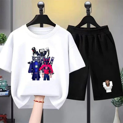 Skibidi Toilet Children T-shirt+bottom wear Age 3-12 Girls boy Set black 2pcs Kids Set Print Summer Anime Toilet Monitor Tshirt