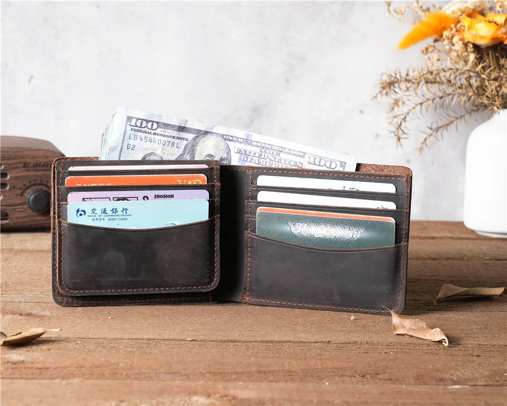 Men Handmade Crazy Horse Leather Wallet Men's Casual Simple Horizontal First Layer Cowhide Short Genuine Leather Clutch