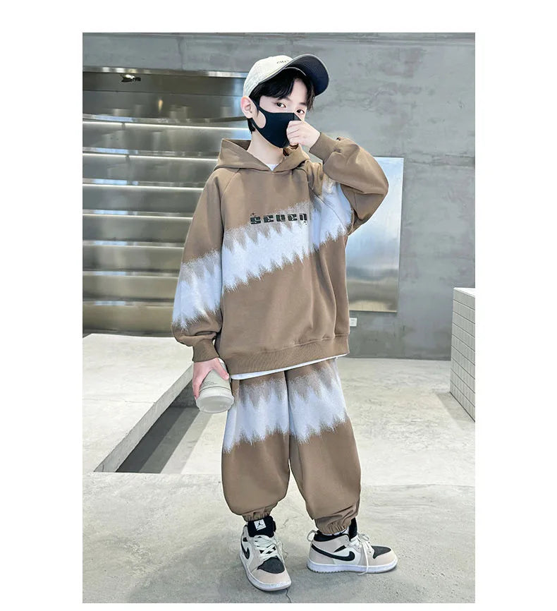 Spring Autumn Boys Contrast Tie Dye Workout Sweatshirt+Sweatpant Sets School Kids 2PCS Tracksuit Children Jogging Outfits 5-16Yr