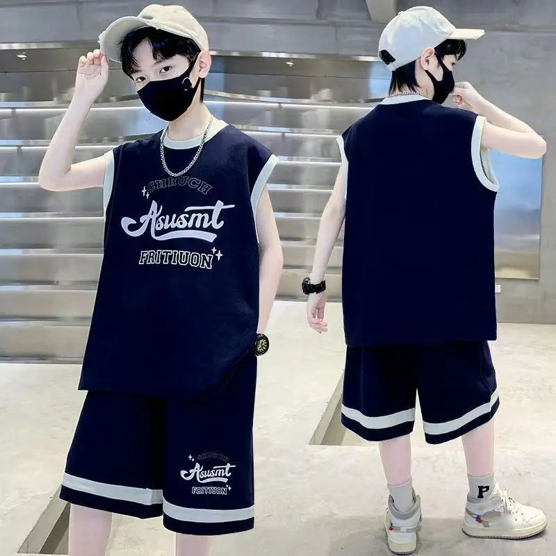 Summer Boys Quick-dry Alphabet Sleeveless Tee Top+Shorts Sportswear Set School Kids 2PCS Tracksuit Children Jersey Outfit 5-16Yr
