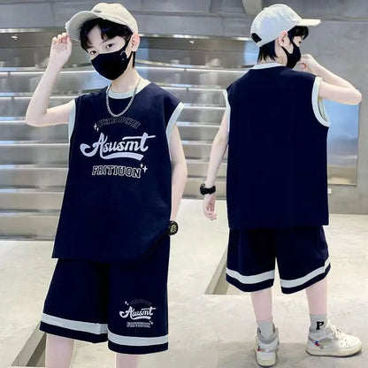 Summer Boys Quick-dry Alphabet Sleeveless Tee Top+Shorts Sportswear Set School Kids 2PCS Tracksuit Children Jersey Outfit 5-16Yr