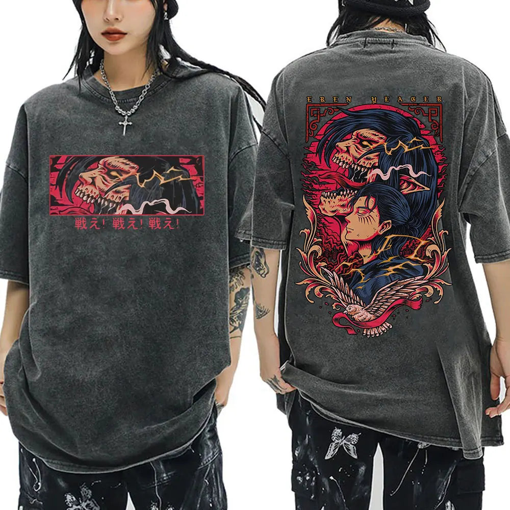 Anime Attack on Titan Washed T-Shirt Ackerman Mikasa Eren Jaeger Cherry Blossom Graphics Logo T Shirt Men Women Cotton T Shirts