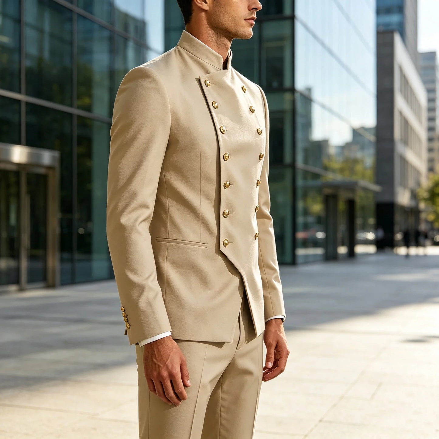 Men's Double Breasted Stand Collor Suit 2 Pieces Blazer Pants Set Slim Fit Business Casual Suit Jacket Formal Wedding Tuxedo