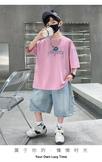 2025 New Summer Clothing Set for Kids Boy Luxury Summer Suit Children Cotton T-shirt And Denim Shorts 2 Pieces Tracksuit Outfit