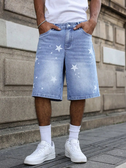Men's Blue Denim Shorts for Spring and Summer, with Stars Printed on the Legs, Are Stylish and Simple to Match