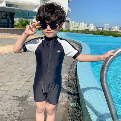 Summer Kids Swimwear Boys Beach Wear Plaid One-piece & Split Long Sleeve Boys Swimwear with Cap Sunscreen Baby Clothes