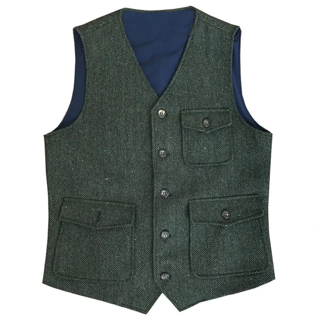 Men Vest Dark Green Herringbone Single Button V Neck Pocket Waistcoat For Wedding Party Business Work Daily Casual Men Suit Vest