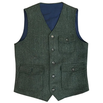 Men Vest Dark Green Herringbone Single Button V Neck Pocket Waistcoat For Wedding Party Business Work Daily Casual Men Suit Vest