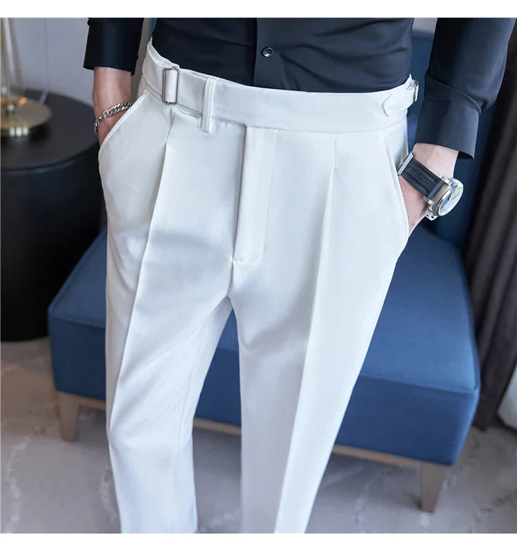 2026 Texture Naples Men's Solid Color Casual Pants Fashion Belt Design Slim Fit Suit Pants Formal Wear Wedding Social Trousers