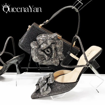 2025 Large Flower Design Shoes & Bag Nigerian Coffee Color Women's Stiletto Shoes For Special Good Time INS Style