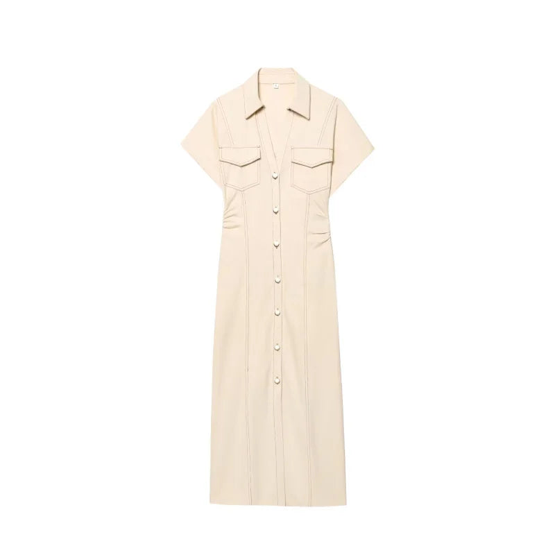 2025  Spring New 1975 series denim MIDI dress with lapel side zipper fashion wrinkle waist slim elegant dress