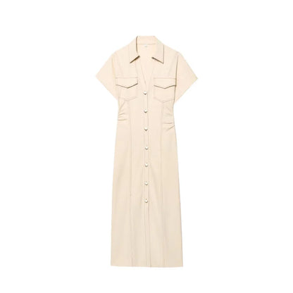 2025  Spring New 1975 series denim MIDI dress with lapel side zipper fashion wrinkle waist slim elegant dress