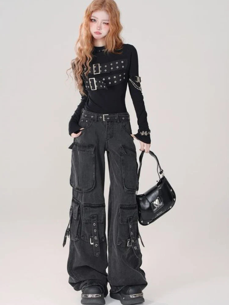 Gothic Punk Women Y2k Japanese Streetwear Design Cargo Pants Denim Pants Long Trouser Vintage Aesthetic Grunge Jeans Baggy New