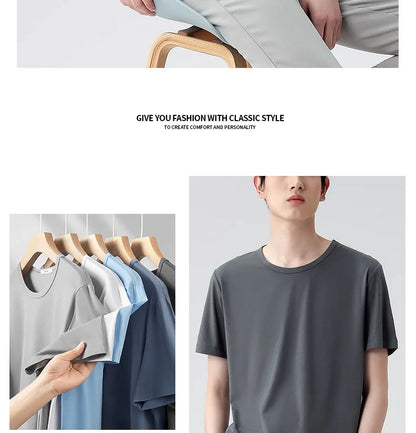 47% Cotton 47% Modal 6% Spandex T Shirt Men Short Sleeved Summer Round Neck Undershirt Plus Size Men's Solid Color Tops Tees