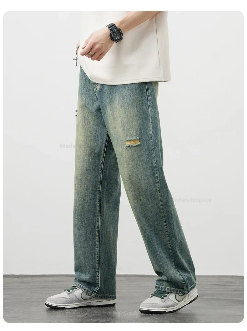 Korea Baggy Jeans Men's Vintage Straight Ripped Y2k Pants Fashion Frayed High Street Distressed Denim Trousers Male Clothes