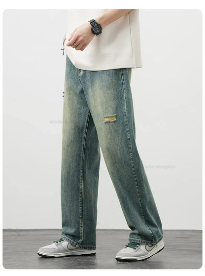 Korea Baggy Jeans Men's Vintage Straight Ripped Y2k Pants Fashion Frayed High Street Distressed Denim Trousers Male Clothes