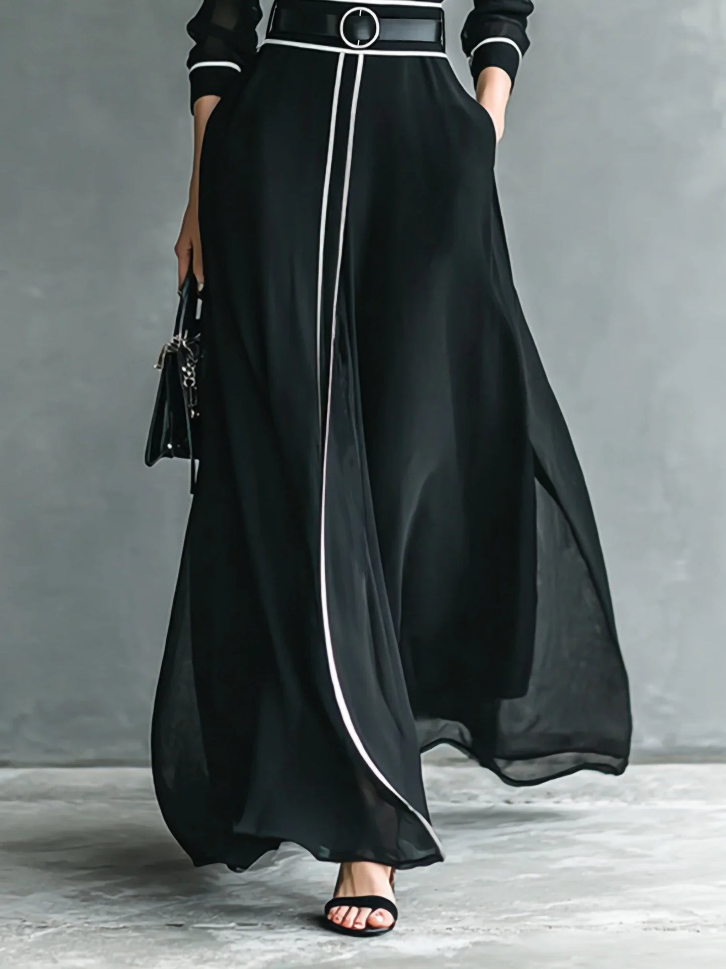 French Elegant Chiffon Maxi Dress, High Neck Long Sleeve with White Piping Trim, Ideal for Office, Business, Banquets & Parties
