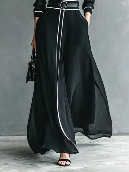 French Elegant Chiffon Maxi Dress, High Neck Long Sleeve with White Piping Trim, Ideal for Office, Business, Banquets & Parties
