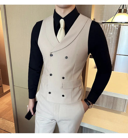 ( Vest + Pants) Men's Double-breasted Suit Vest 2 Pieces Set High Quality Business Casual Fashion Groom Wedding Dress Vest Sets