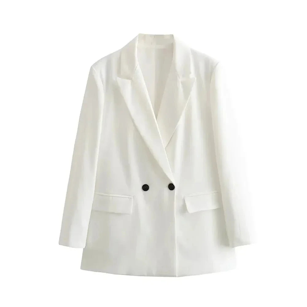 Women Fashion Double Breasted Loose Fitting Blazer Coat Vintage Long Sleeve Pockets Female Outerwear Chic Veste Femme