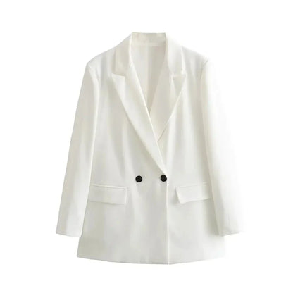 Women Fashion Double Breasted Loose Fitting Blazer Coat Vintage Long Sleeve Pockets Female Outerwear Chic Veste Femme