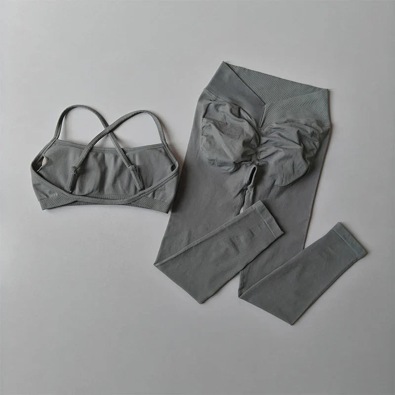 Peach Buttock Fitness Suit 2PCS High Waitsed Leggings Set Tight Yoga Sportswear Quick-drying Seamless Set Pilates Bra Women Sets