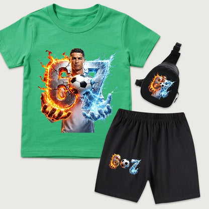 CR7 Ronaldo 67 Print Kids Cotton T Shirt Short Sleeve Casual Top with Mini Chest Bag Set for Boys Girls